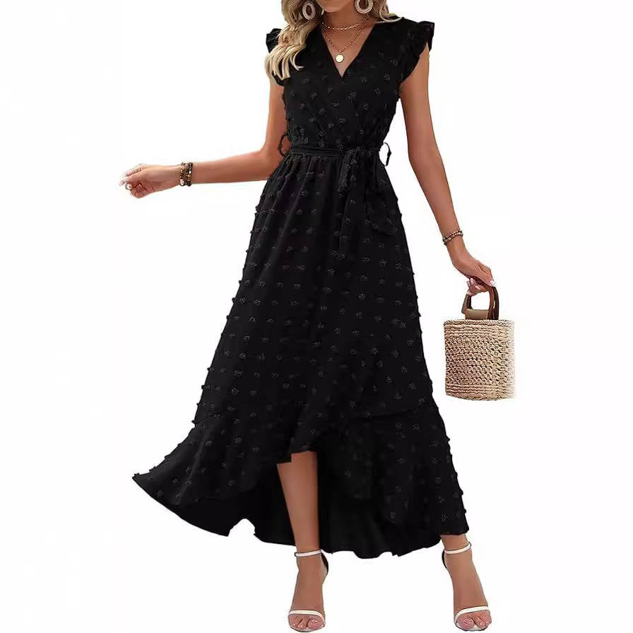 Women's Boho Maxi Dress, Swiss Dot Cap Sleeve Beach Wedding and Cocktail Dress