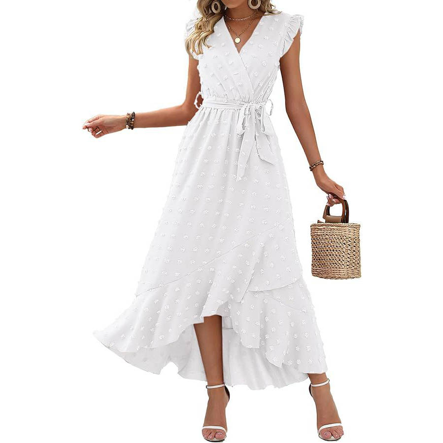Women's Boho Maxi Dress, Swiss Dot Cap Sleeve Beach Wedding and Cocktail Dress