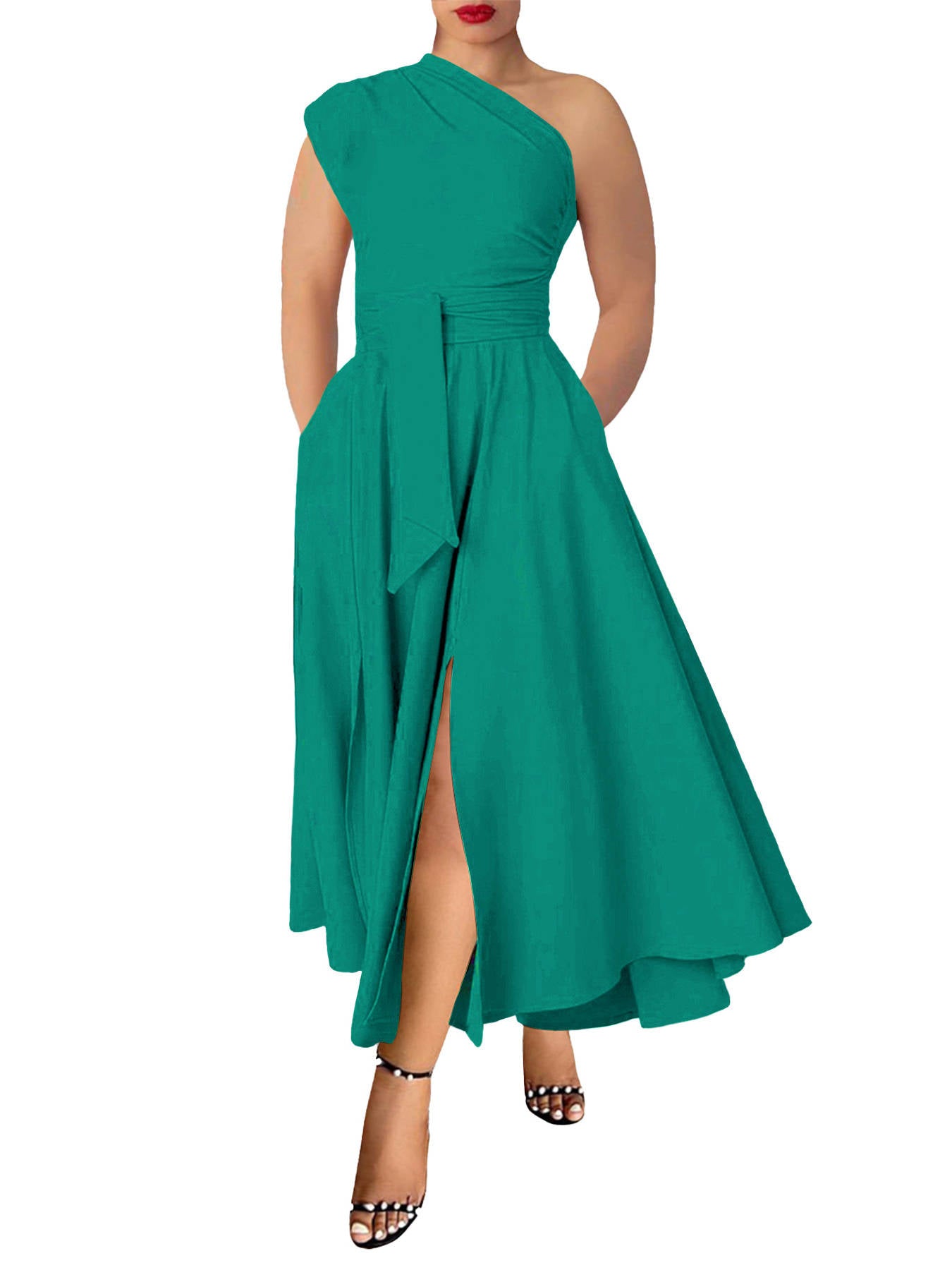 Womens One Shoulder Belted Maxi Dress, Elegant Formal Wedding Guest Dress with Pockets