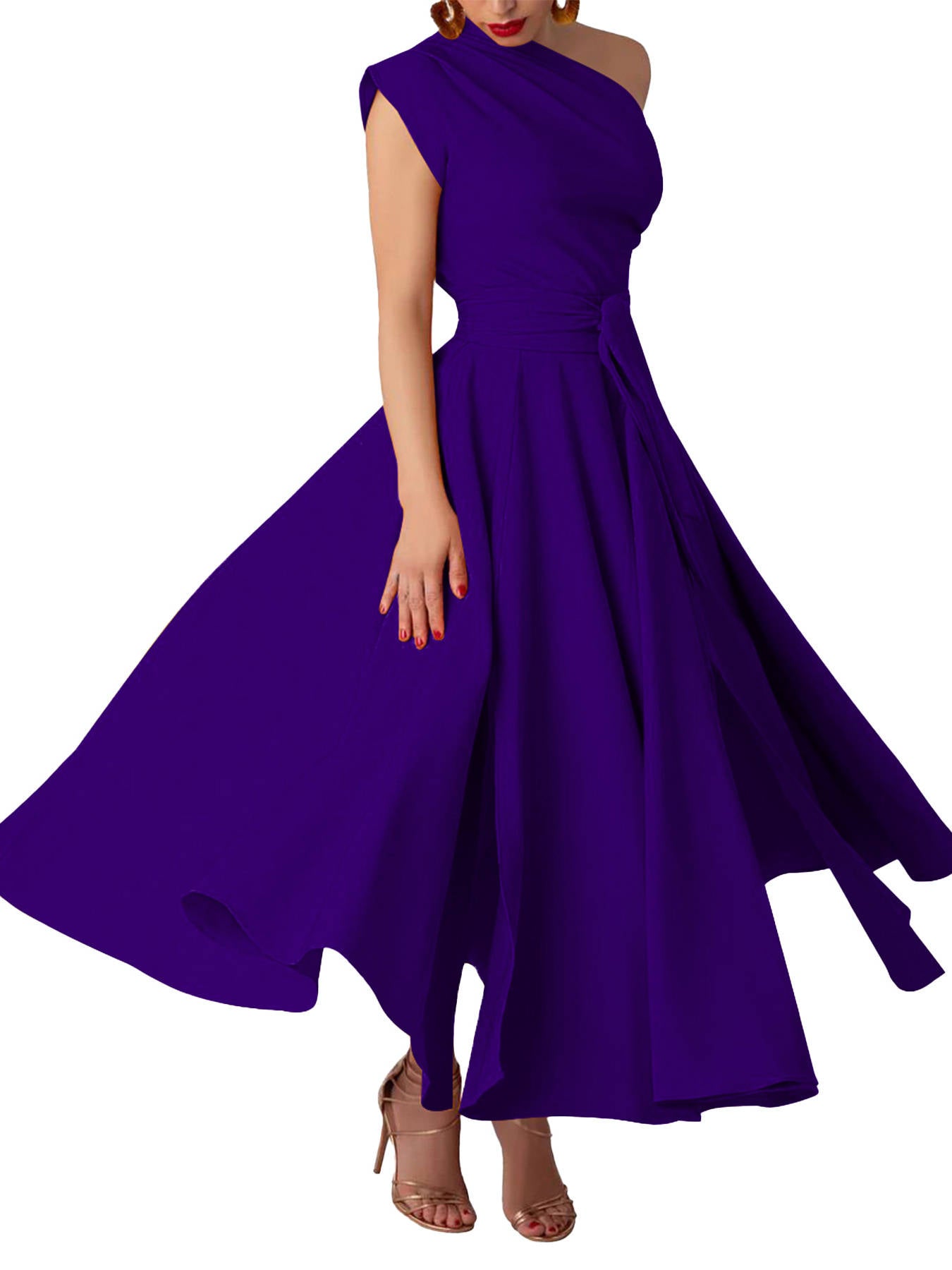 Womens One Shoulder Belted Maxi Dress, Elegant Formal Wedding Guest Dress with Pockets