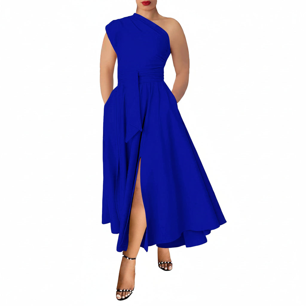 Womens One Shoulder Belted Maxi Dress, Elegant Formal Wedding Guest Dress with Pockets