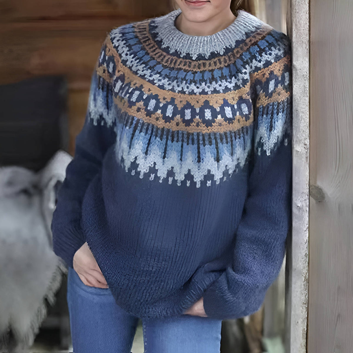 Womens Crewneck Sweater with Geometric Fair Isle Pattern and Ribbed Cuffs, Machine Washable