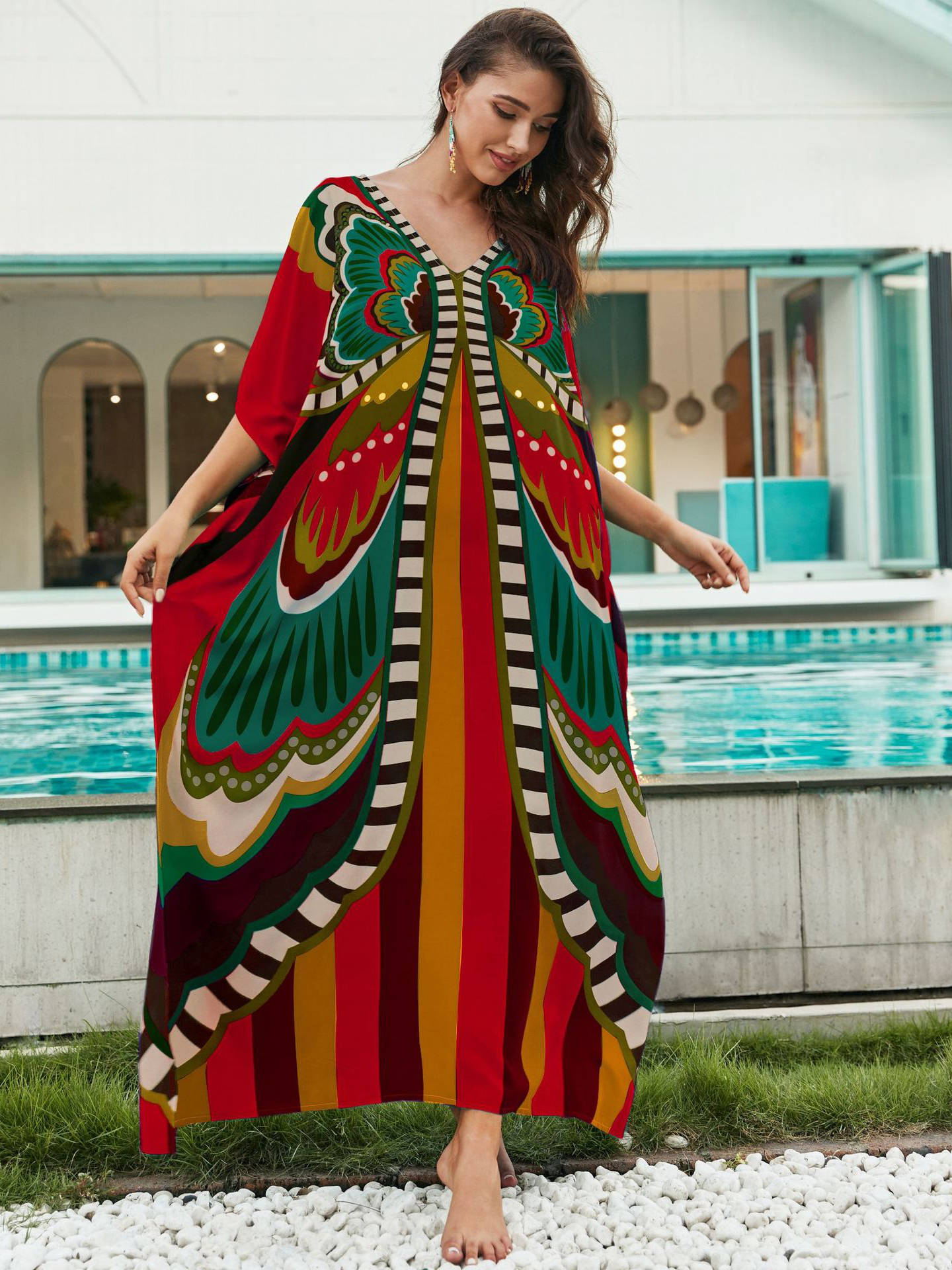 Moomoo Dresses for Women, Plus Size Loose Fit Moroccan Print V Neck Batwing Kaftan Beach Dress