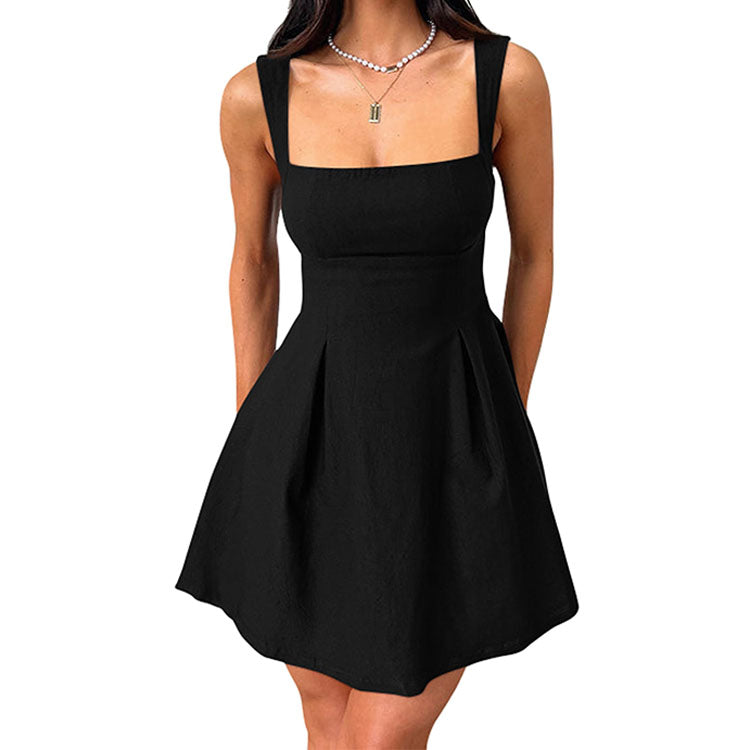 Womens Little Dress, Sexy Sleeveless Square Neck LBD Dress with Bow Tie A Line Mini Design