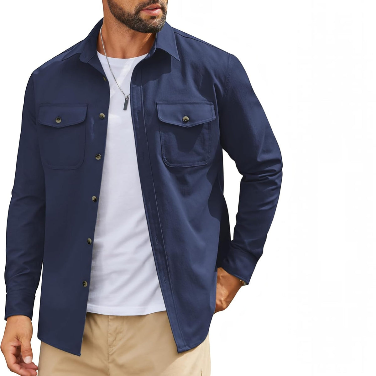 Mens Long Sleeve Button Down Work Shirt, Casual Workwear Shirt with Flap Pockets