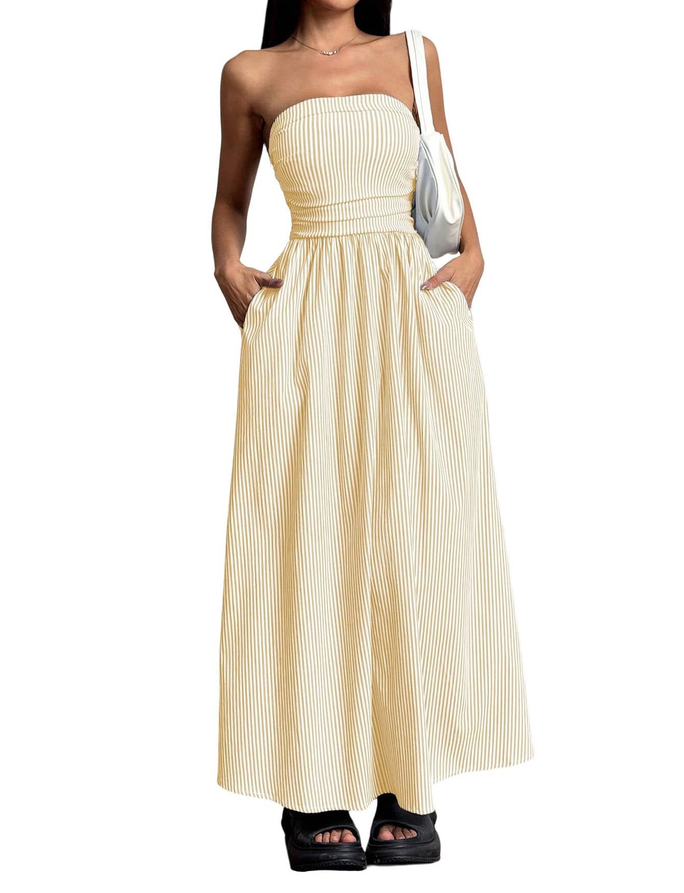 Womens Striped Strapless Maxi Dress, Casual Tube Top Summer Dress with Pockets
