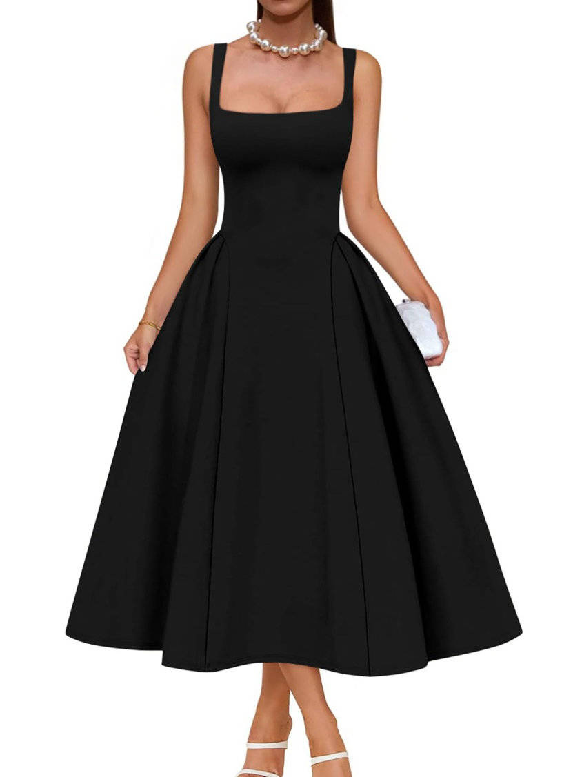 Womens Square Neck A Line Midi Dress, Elegant Wedding Guest and Evening Party Dress
