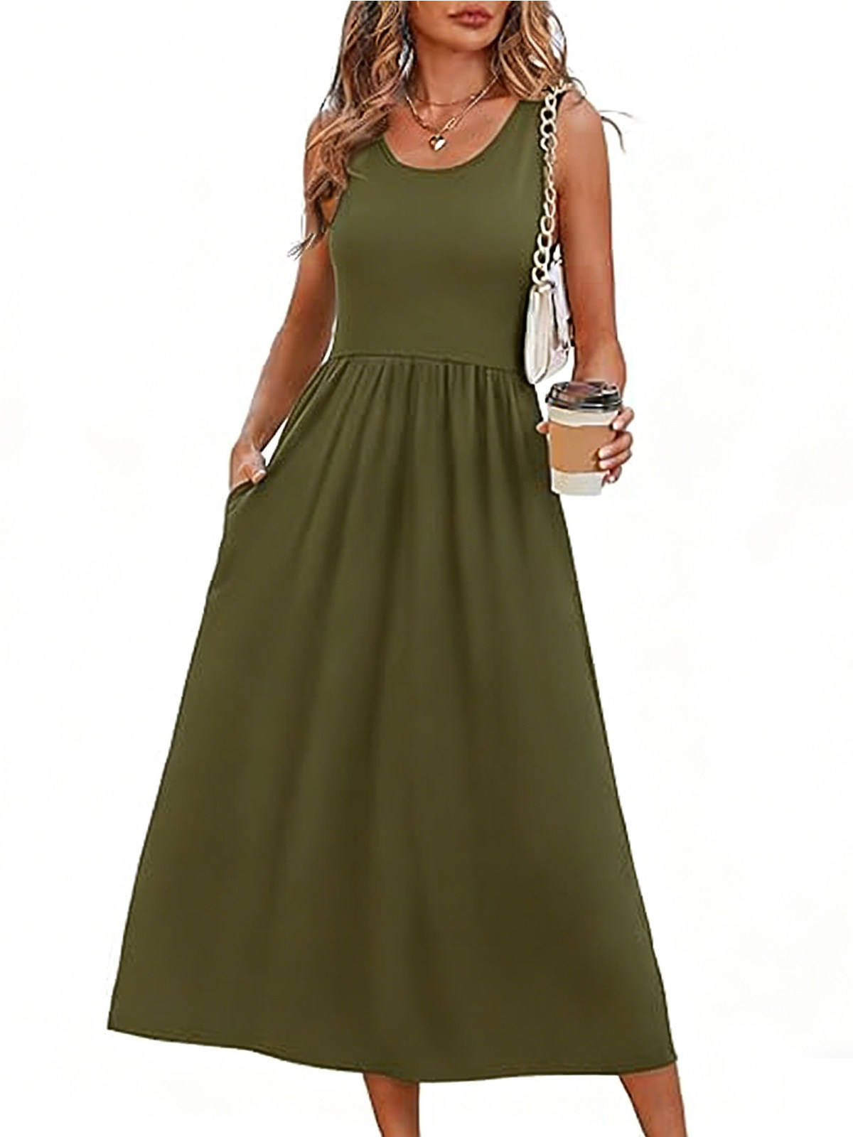 Womens Flowy Midi Dress, Casual Beach Vacation Sundress with Pockets