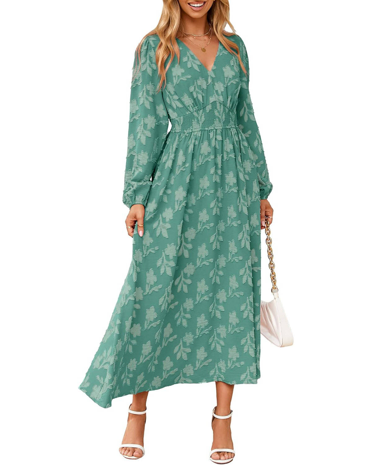 Womens Floral Maxi Dress, Long Sleeve V Neck Empire Waist Boho Fall Wedding Guest Dress with Pockets