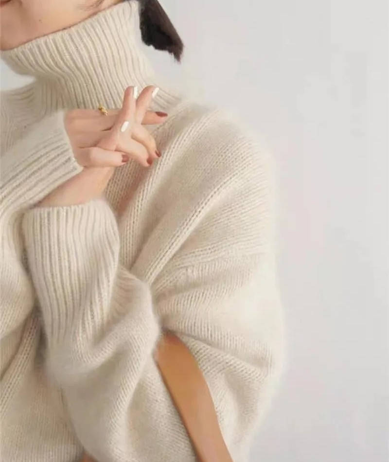Womens Turtleneck Sweater with Stretch Knit and Natural Fibers, Loose Fit