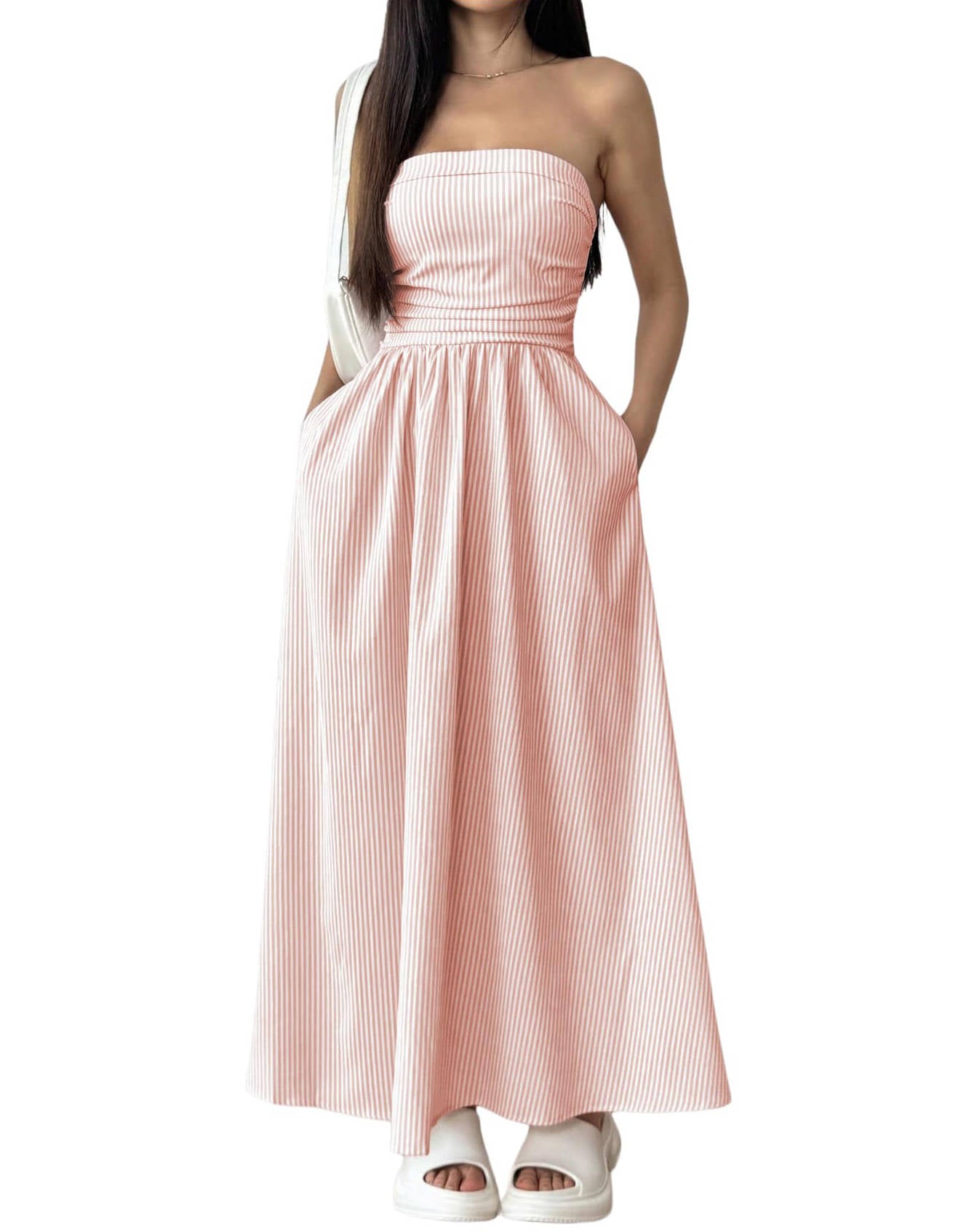 Womens Striped Strapless Maxi Dress, Casual Tube Top Summer Dress with Pockets