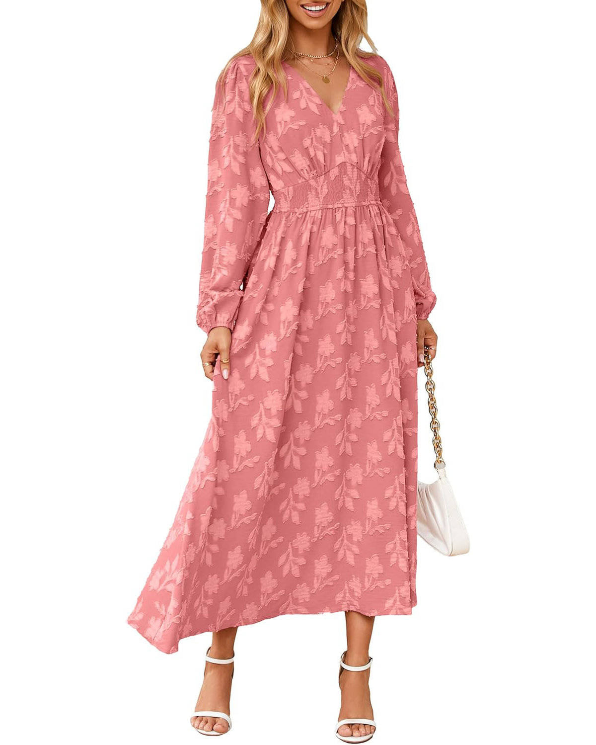 Womens Floral Maxi Dress, Long Sleeve V Neck Empire Waist Boho Fall Wedding Guest Dress with Pockets
