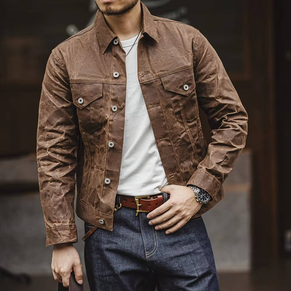 Waxed Cotton Jacket with Metal Button Closure and Turn Down Collar Vintage Brown
