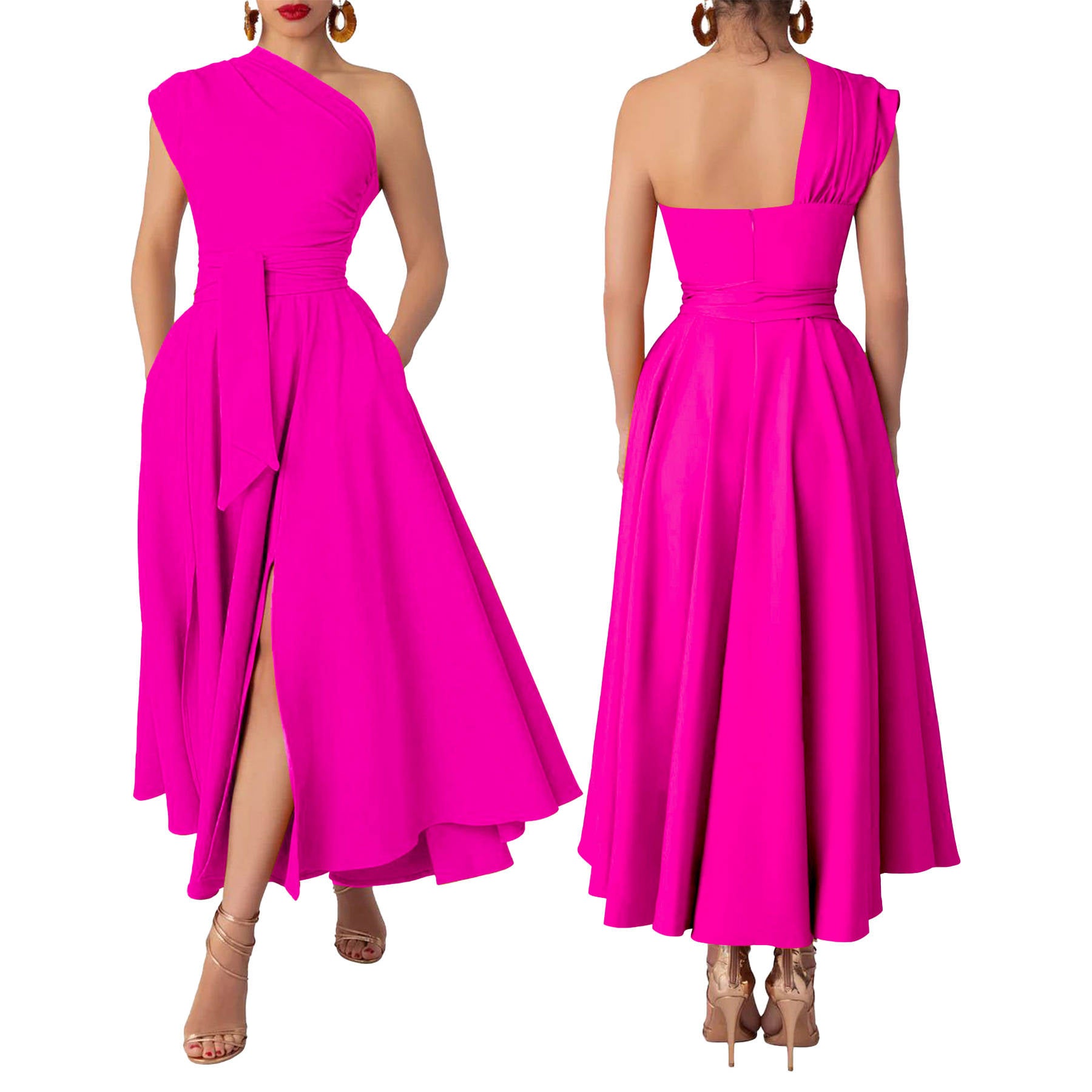 Womens One Shoulder Belted Maxi Dress, Elegant Formal Wedding Guest Dress with Pockets