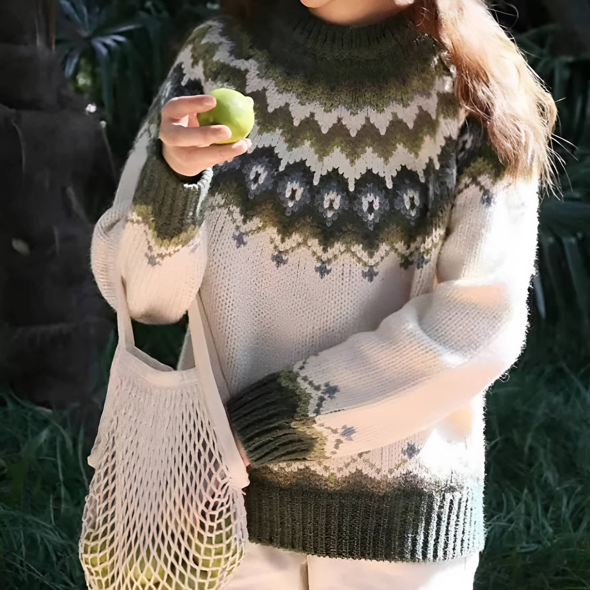 Womens Crewneck Sweater with Geometric Fair Isle Pattern and Ribbed Cuffs, Machine Washable