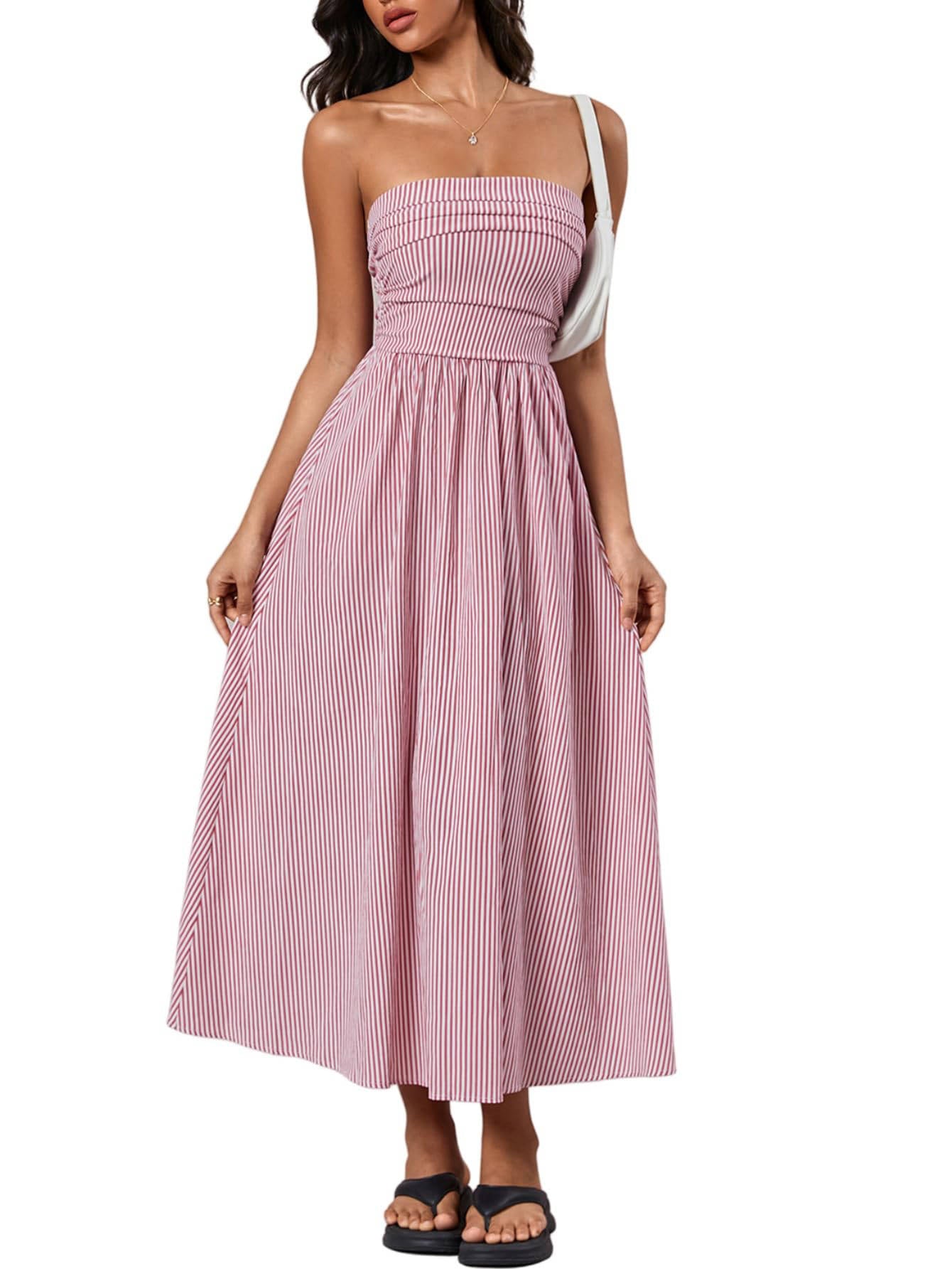 Womens Striped Strapless Maxi Dress, Casual Tube Top Summer Dress with Pockets