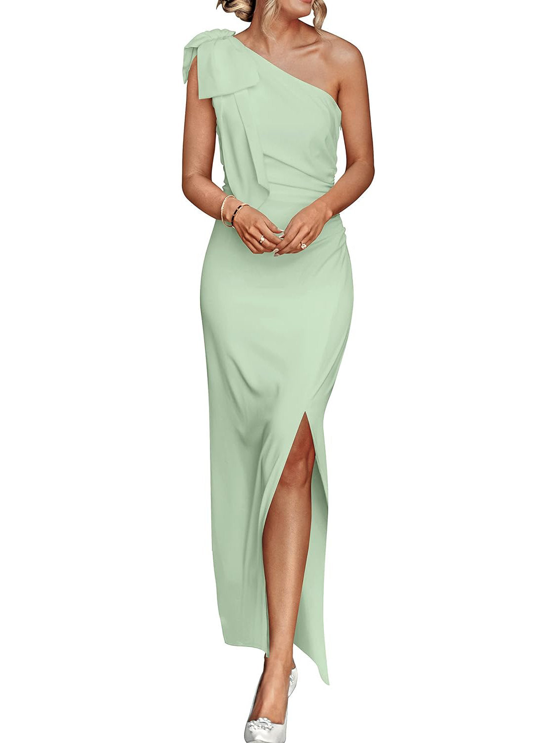 Womens One Shoulder Maxi Dress, Ruched Bodycon Wedding Guest and Formal Dress