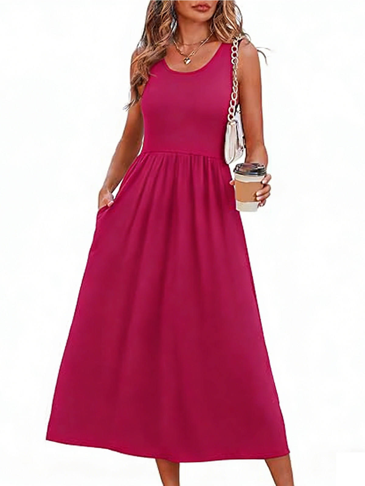 Womens Flowy Midi Dress, Casual Beach Vacation Sundress with Pockets