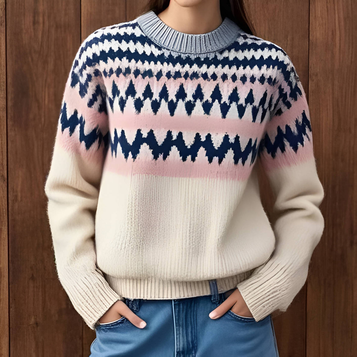Womens Crewneck Sweater with Geometric Fair Isle Pattern and Ribbed Cuffs, Machine Washable
