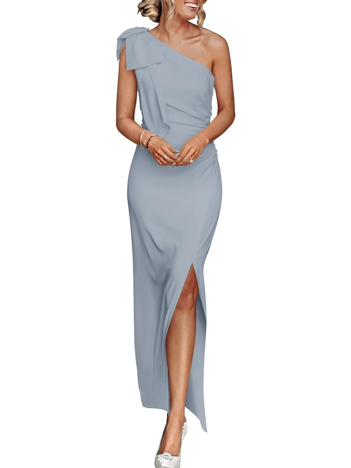 Womens One Shoulder Maxi Dress, Ruched Bodycon Wedding Guest and Formal Dress