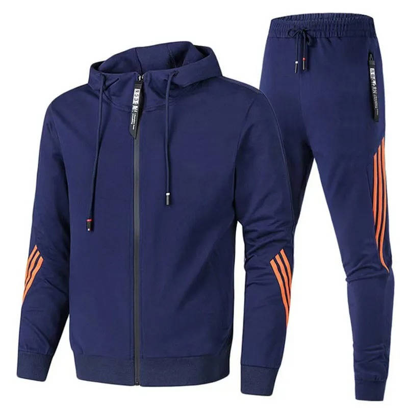 Mens Cotton Polyester Tracksuit with Zip Hoodie and Jogger Pants, Moisture Wicking