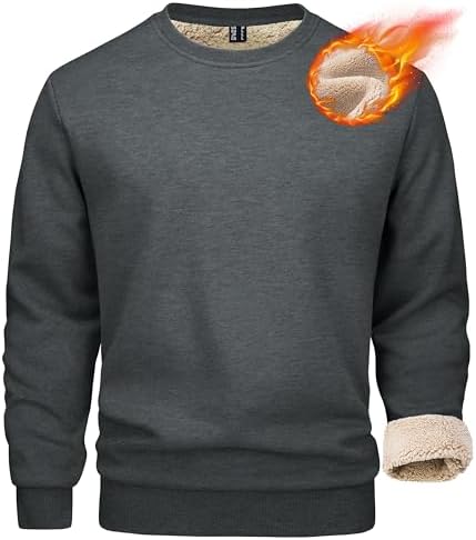 Mens Sherpa Lined Sweatshirt, Fleece Pullover Crewneck Winter Top for Warmth and Casual Cold Weather Wear
