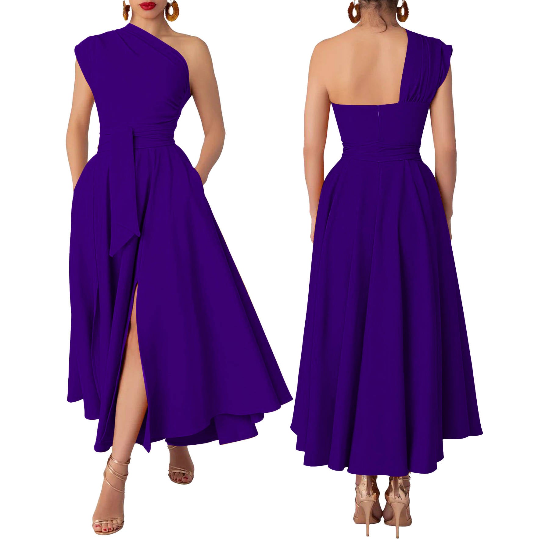 Womens One Shoulder Belted Maxi Dress, Elegant Formal Wedding Guest Dress with Pockets