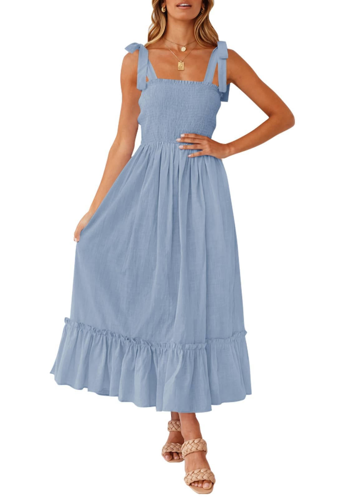 Womens Boho Maxi Dress, Square Neck Spaghetti Strap Ruffle a Line Beach Dress