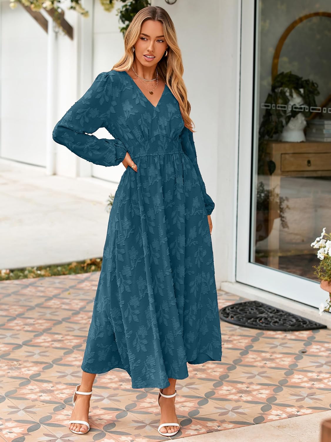 Womens Floral Maxi Dress, Long Sleeve V Neck Empire Waist Boho Fall Wedding Guest Dress with Pockets