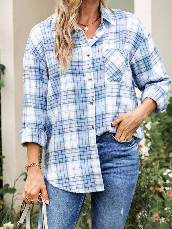 Women's Flannel Plaid Soft Flannel Button Down Shirt, Roll Up Long Sleeve Plaid Blouse