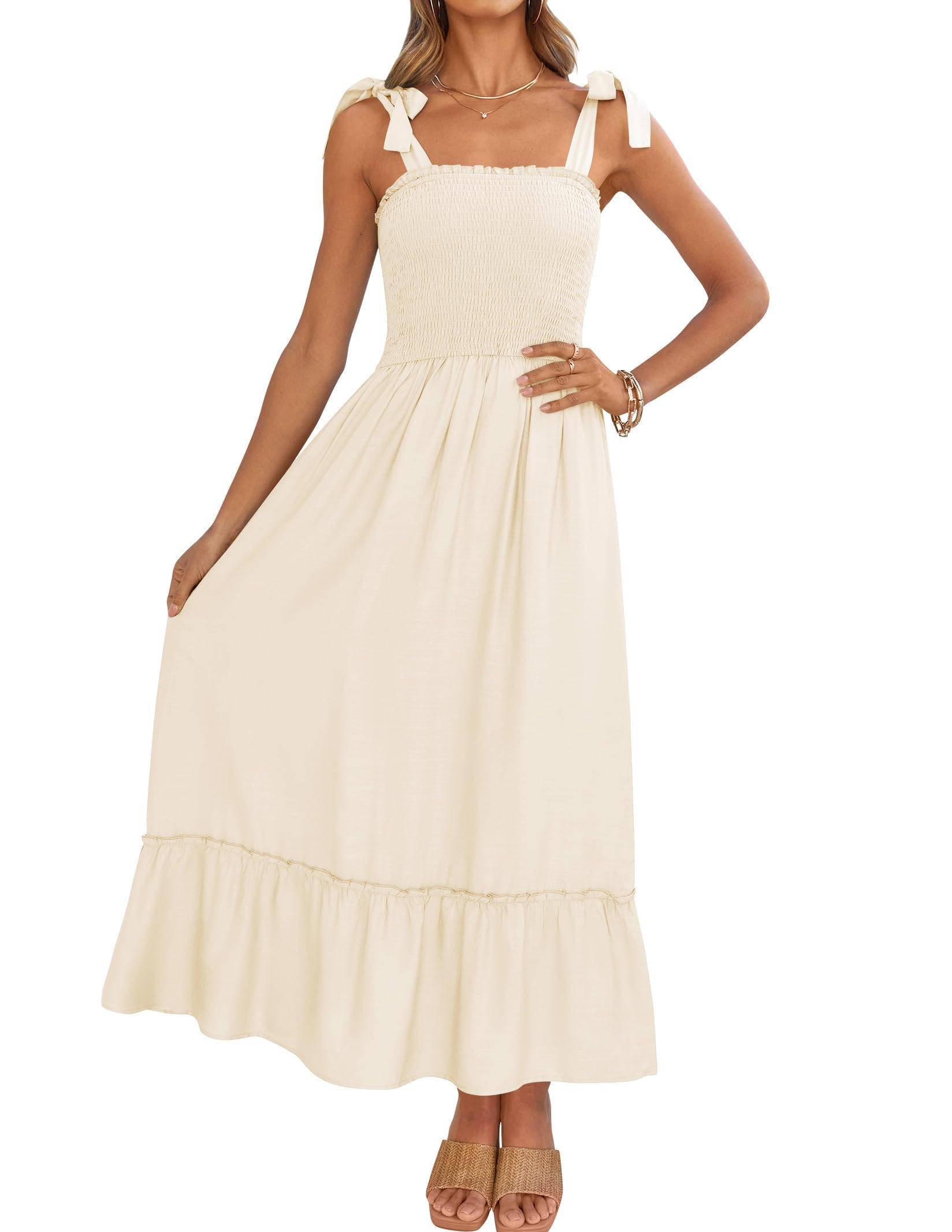 Womens Boho Maxi Dress, Square Neck Spaghetti Strap Ruffle a Line Beach Dress