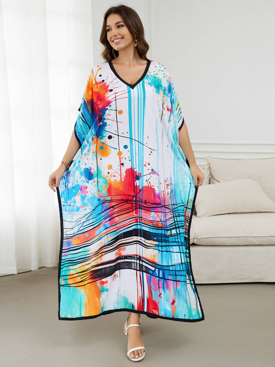 Moomoo Dresses for Women, Plus Size Loose Fit Moroccan Print V Neck Batwing Kaftan Beach Dress