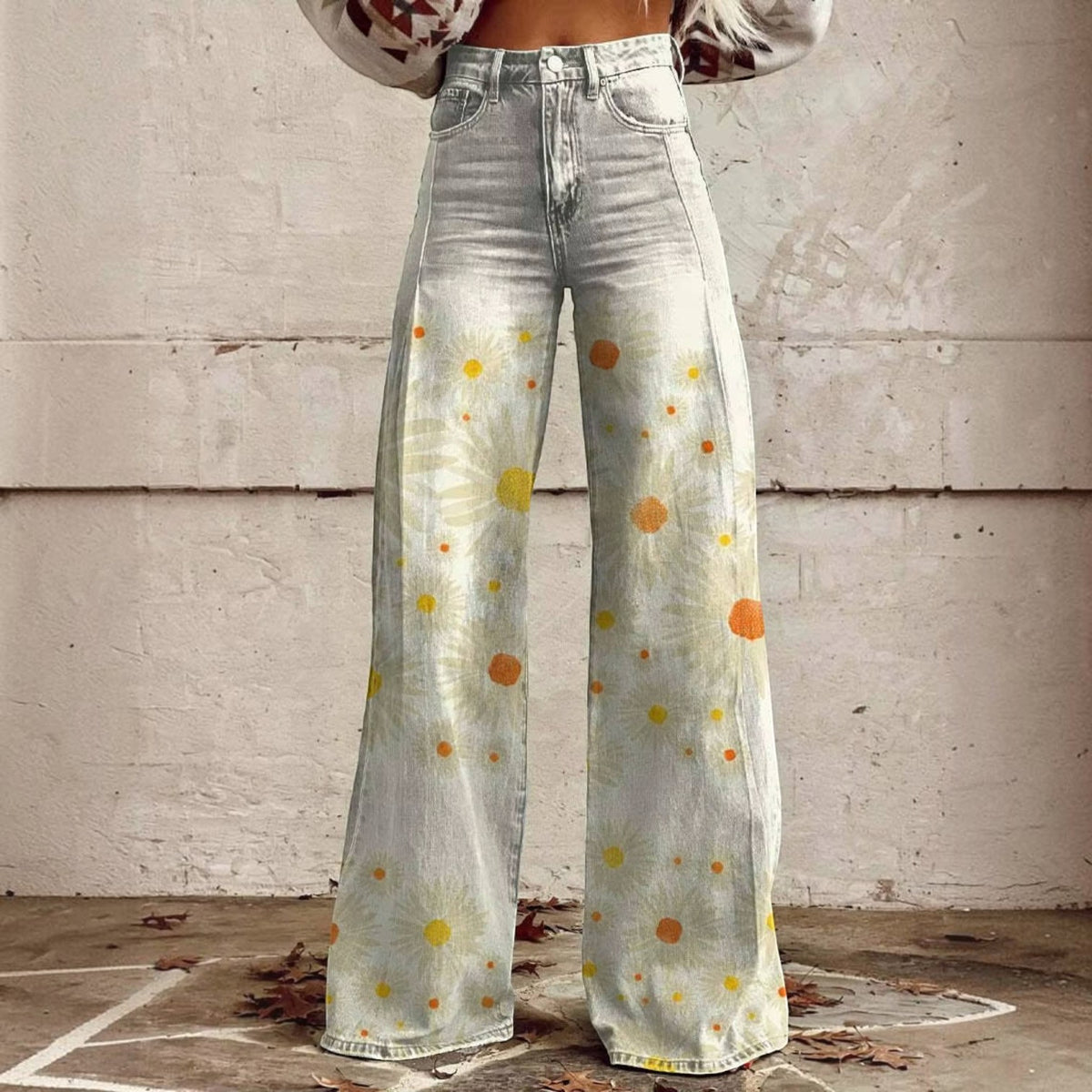 High Waisted Bell Bottom Pants with Floral Print and Stretch Fabric