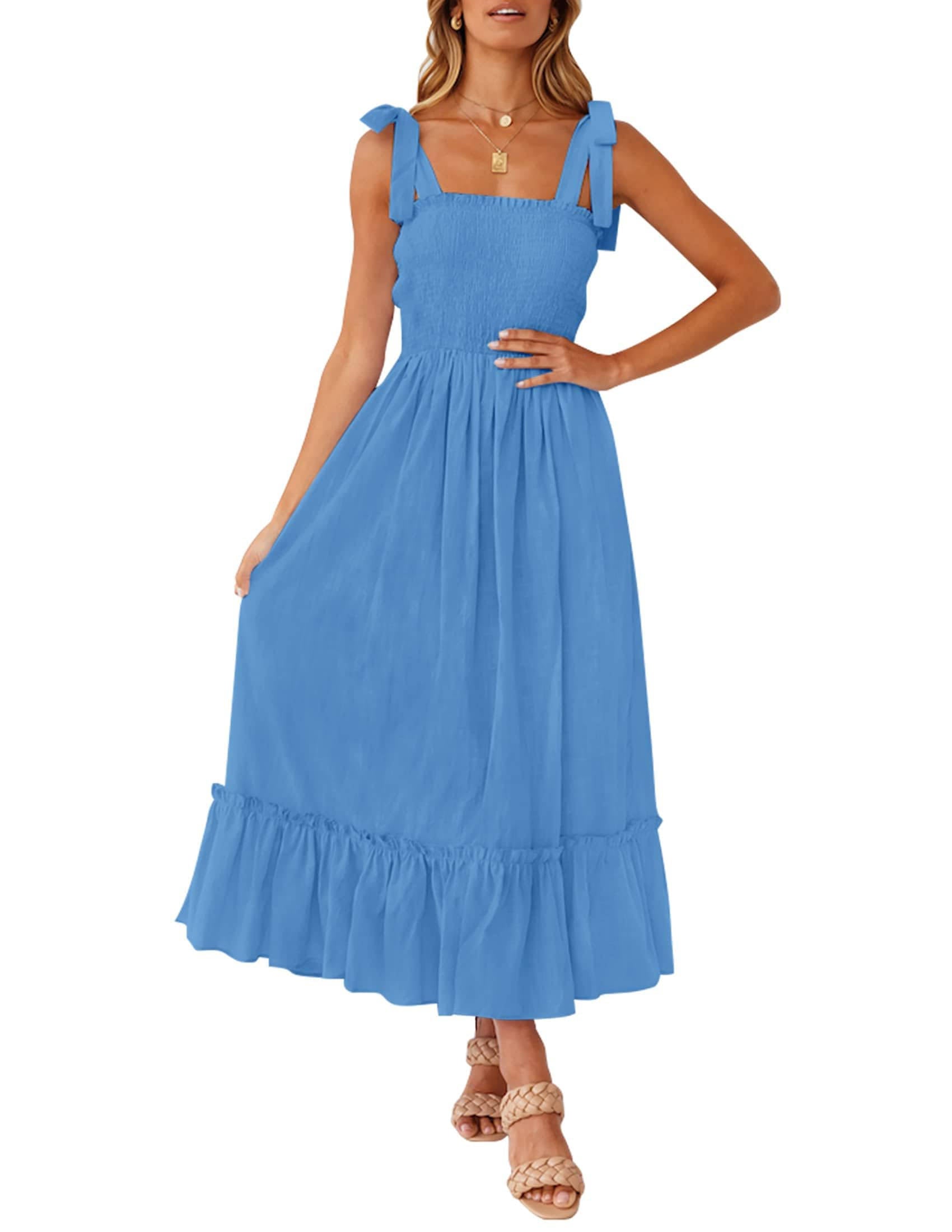 Womens Boho Maxi Dress, Square Neck Spaghetti Strap Ruffle a Line Beach Dress