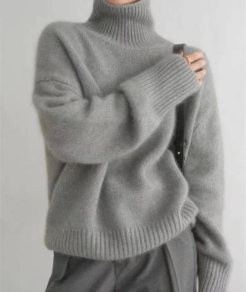 Womens Turtleneck Sweater with Stretch Knit and Natural Fibers, Loose Fit