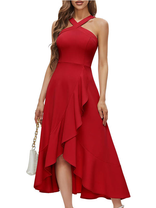 Womens Halter Formal Dress, Ruffled Hi Lo Maxi Wedding Guest and Bridesmaid Dress
