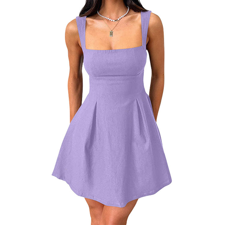 Womens Little Dress, Sexy Sleeveless Square Neck LBD Dress with Bow Tie A Line Mini Design
