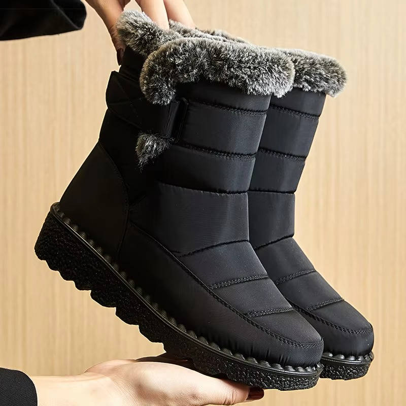 Womens Insulated Snow Boots with Fur Lining and Adjustable Strap, Cushioned Footbed