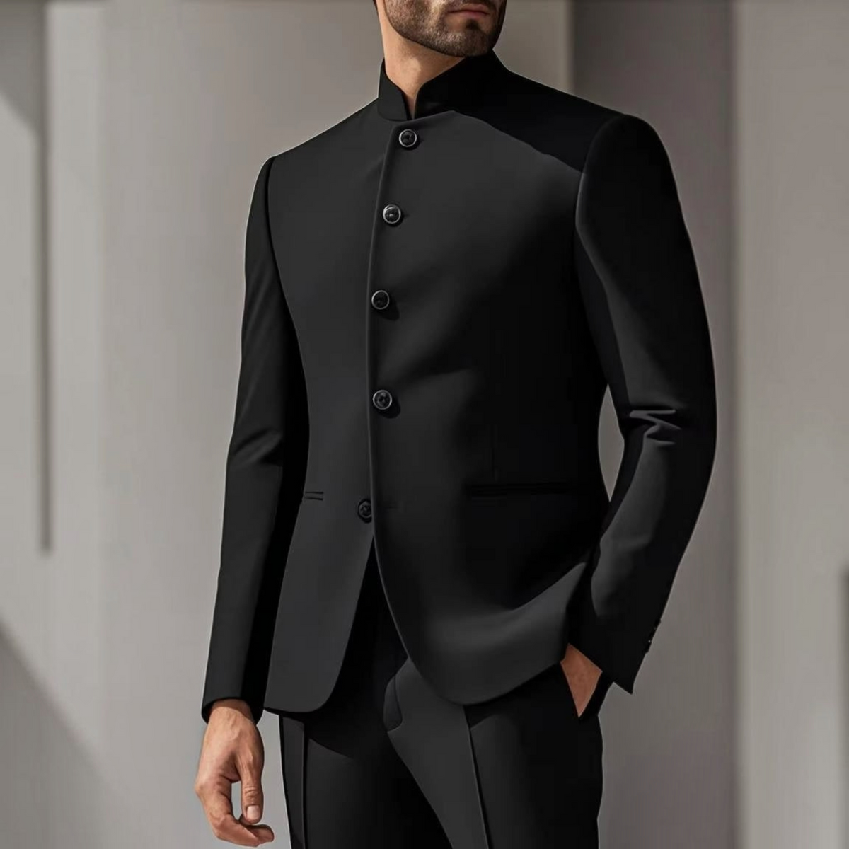 Mens Slim Fit Formal Suit with High Nehru Collar and Polyester Viscose Blend