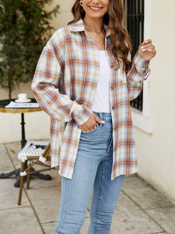 Women's Flannel Plaid Soft Flannel Button Down Shirt, Roll Up Long Sleeve Plaid Blouse