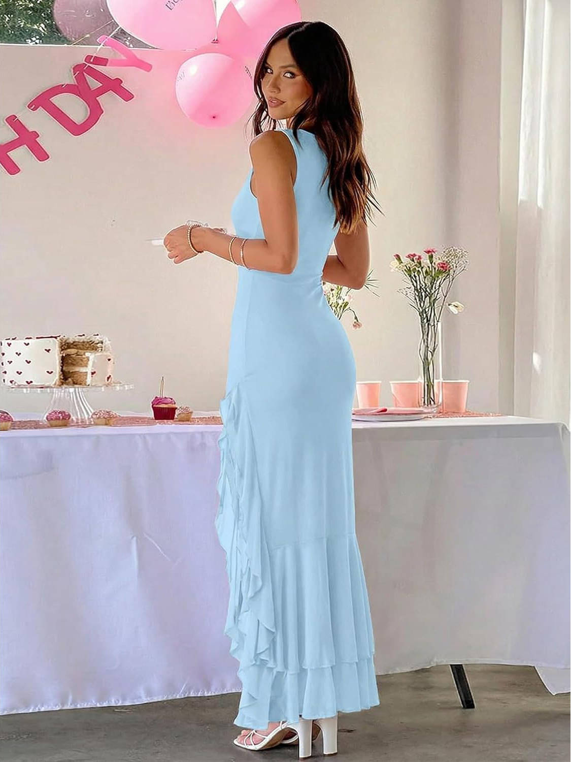 Womens Bodycon Maxi Dress, Ruched Mesh Mermaid Wedding Guest and Cocktail Dress