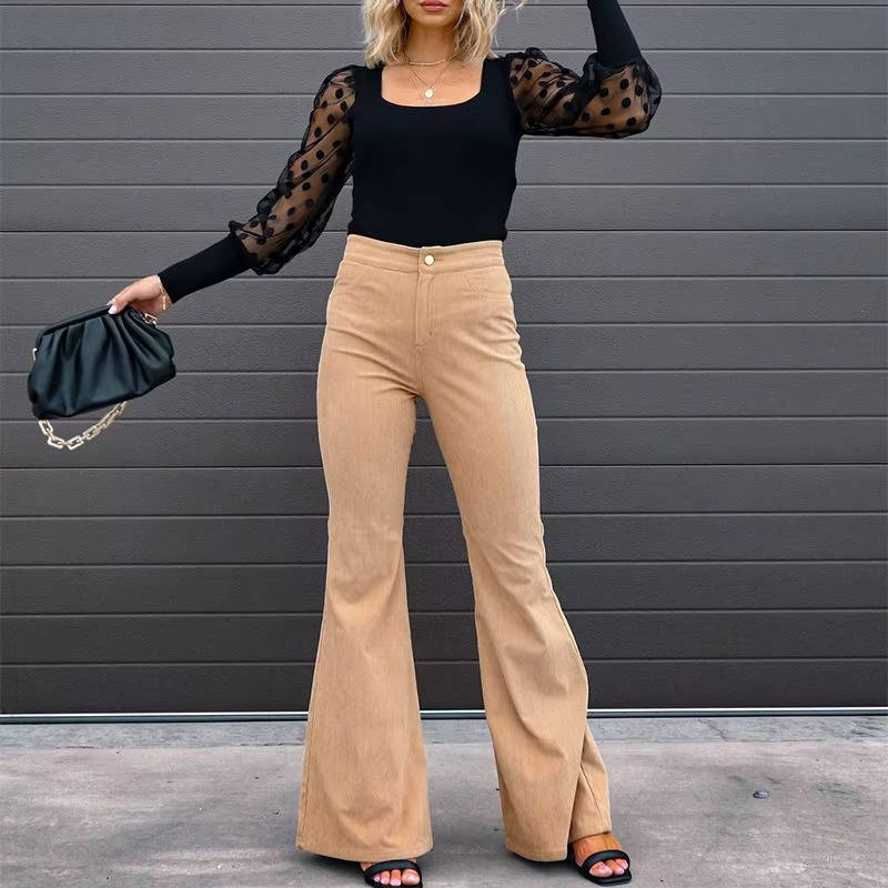 Stretchy High-Rise Corduroy Flare Pants with Four Functional Pockets