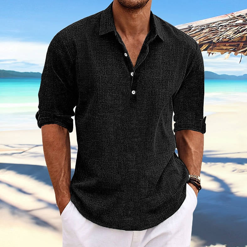 Mens Casual Cotton Shirt, Long Sleeve Pullover Beach Shirt, Lightweight Summer Vacation Style