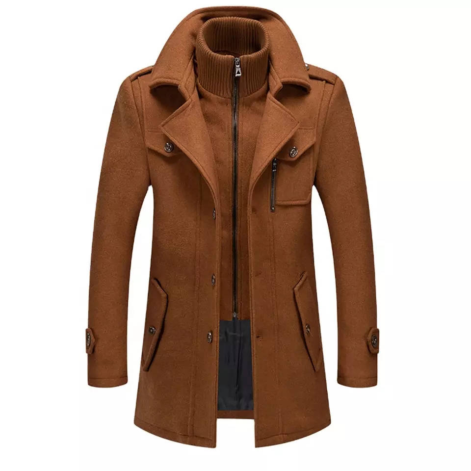 Men's Tweed Wool Coat, Korean Style Business Jacket, Double Neck, Front Zipper & Button Detail
