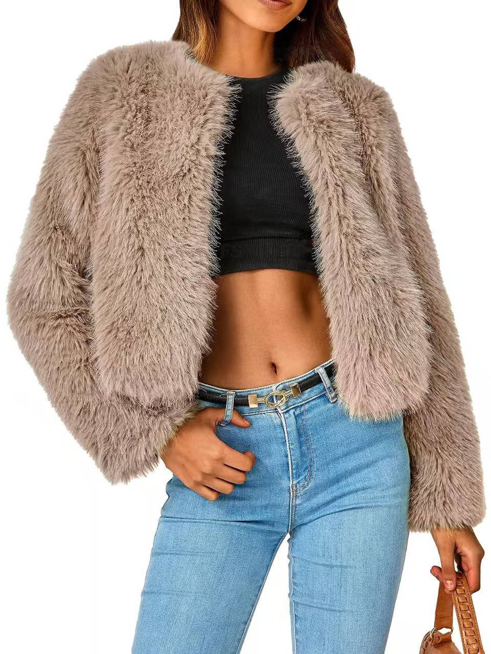 Womens Cropped Faux Fur Jacket, Fluffy Shaggy Long Sleeve Short Coat
