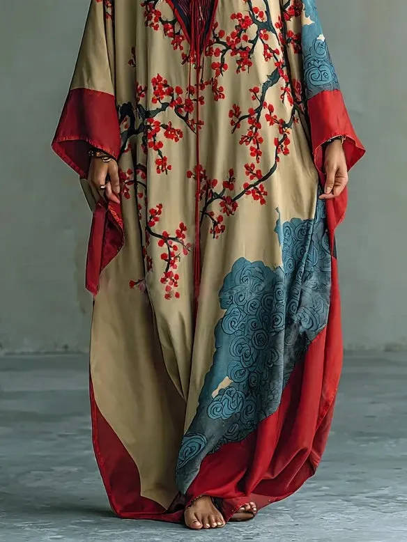Moomoo Dresses for Women, Floral Print V Neck Batwing Sleeve Casual Flowy Maxi Dress