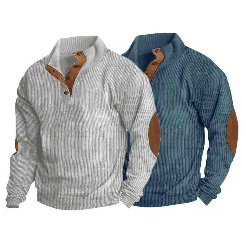 Button Neck Pullover Sweater with Fleece Lining and Elbow Patches, Machine Washable