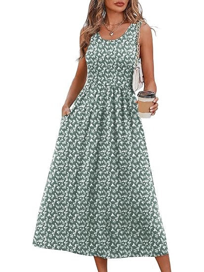 Womens Little Dress, Flowy Casual Midi Beach Vacation Sundress with Pockets