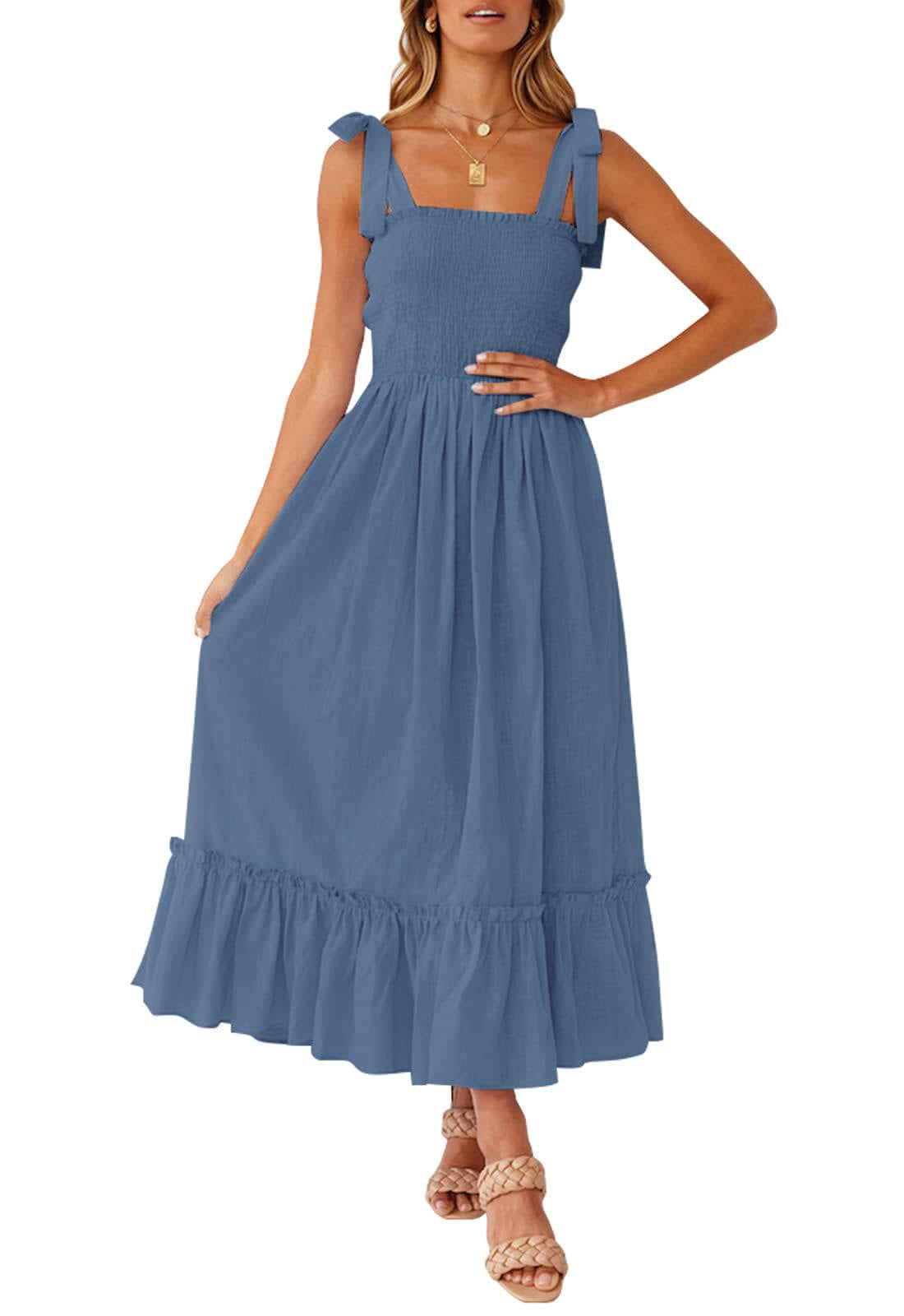 Womens Boho Maxi Dress, Square Neck Spaghetti Strap Ruffle a Line Beach Dress