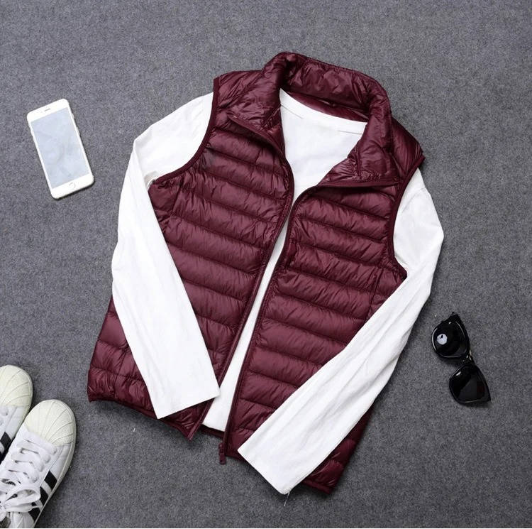Down Vest with Stand Up Collar and Three Pockets, Water Resistant Shell